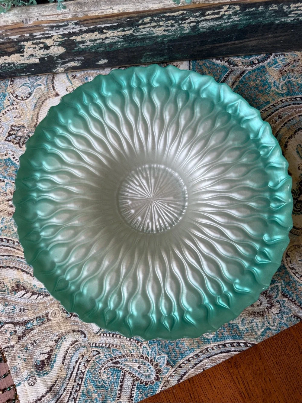 Frosted Art Glass Serving Bowl Aqua Green Ombre Centerpiece Dish 12 Inch